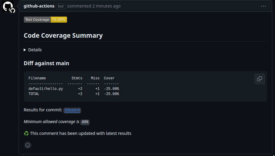 Code coverage comment preview